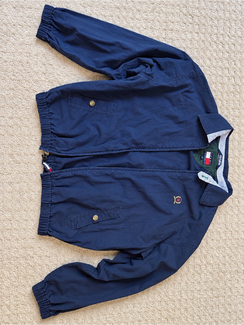 Vintage Tommy Hilfiger Navy Full Zip Jacket Men’s M 100% Cotton Crest Logo